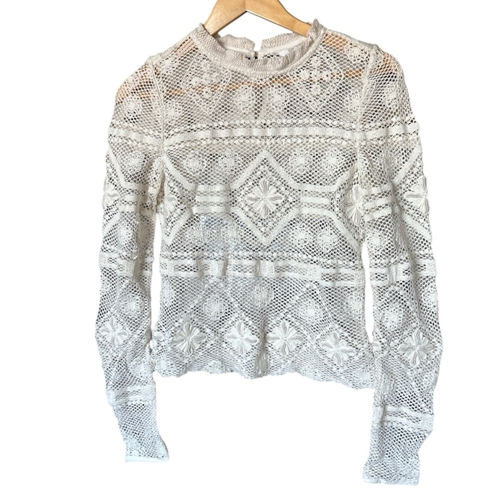 REBECCA TAYLOR Crochet Knit Long-Sleeve Top, Size 6 - Picture 3 of 10